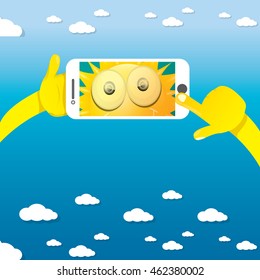 Summer selfie vector concept background. smiling Sun taking a selfie on phone. Summer fun vector banner with sun