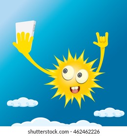 Summer selfie vector concept background. smiling Sun taking a selfie on phone. Summer fun vector banner with sun