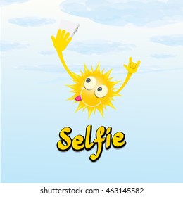 Summer selfie vector concept background. smiling Sun taking a selfie on phone. Summer fun vector banner with sun. Hello summer label