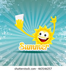 Summer selfie vector concept background. smiling Sun taking a selfie on phone. Summer fun vector banner with sun. Hello summer label