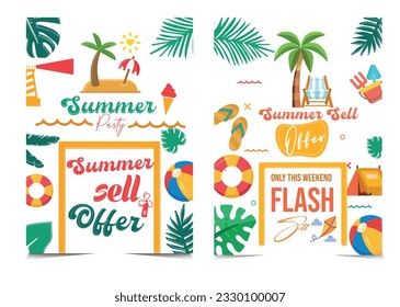 Summer sell offer Vector Poster Design with summer elements plants ball leaf palm shoe water 