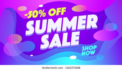 Summer sell out vector banner template. Seasonal sale, 50 percent off, discount, special offer. Shopping promotion illustration. Season wholesale, low price. Text on abstract fluid gradient background