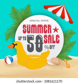 Summer Sell Promotion Banner Background and Objects Design with Duck Inflatable Ring Float. Vector illustration