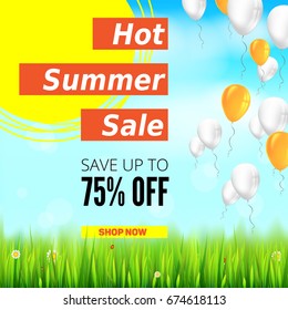Summer selling ad banner with an inflatable colored balloons. Seventy five percent discounts, sale background, yellow sun, green field, white clouds and blue sky. Template for shopping, advertising.
