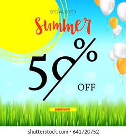 Summer selling ad banner, vintage text design. Holiday discounts, sale background with yellow sun, green field, white clouds and blue sky. Template for shopping, advertising, percentage of discounts.