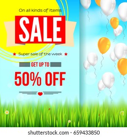 Summer selling ad banner, vintage text design. Fifty percent discounts, sale background with yellow sun, green field, white clouds and blue sky. Template for shopping, advertising.