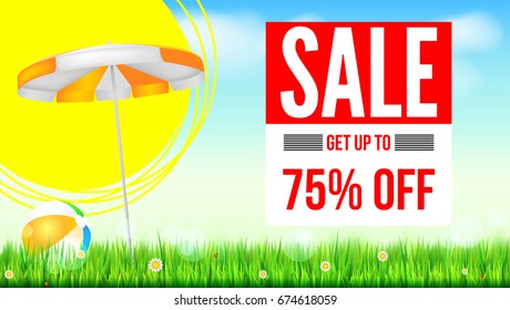 Summer selling ad banner, vintage text design. Seventy five percent discounts, hot summer sale background, with sun umbrella and inflatable beach ball, sun, green field, clouds and blue sky