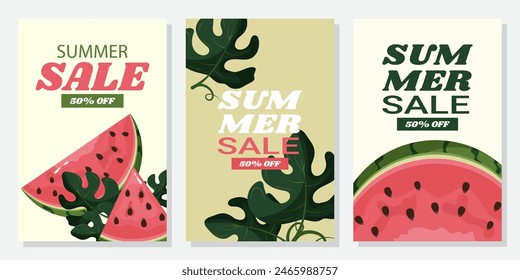 Summer selling banner template set with watermelon, for social media and mobile apps, Isolated on a pastel background.