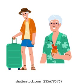 summer senior man vacation vector. elderly old, retired male, fun holiday summer senior man vacation character. people flat cartoon illustration