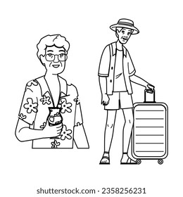 summer senior man vacation vector. elderly old, retired male, fun holiday summer senior man vacation character. people black line illustration