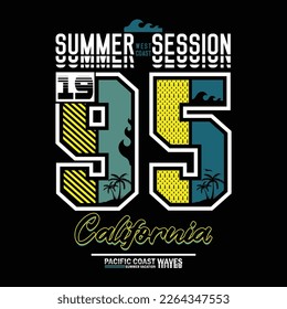 summer session california pacific coast illustration vector with number text effect, vintage design