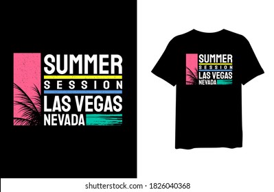 Summer session Las Vegas Nevada with tropical palm silhouettes, stylish t-shirts and trendy clothing designs with lettering, and printable, vector illustration designs.