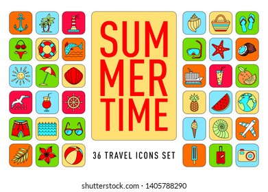 summer Set of 36 travel icons, thin line style, vector illustration Outline Holiday. color sketch