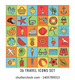 summer Set of 36 travel icons, thin line style, vector illustration Outline Holiday. color sketch