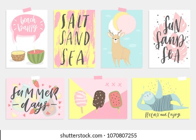 Summer set of 7 redy-to-use cards with fun elements, hand drawn lettering and textures kit. Collection with tropical leaves, fruits, animals, icecream, lemon, pineapple and much more.