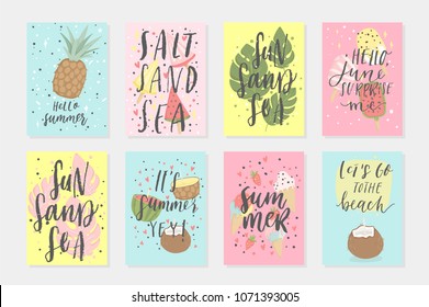 Summer set of 8 redy-to-use cards with fun elements, hand drawn lettering and textures kit. Collection with tropical leaves, fruits, animals, icecream, lemon, pineapple and much more.