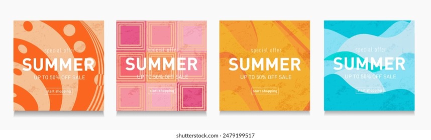 Summer Set of Abstract Geometric Shapes. Trendy Patterns for Music, Party, and Festival. Creative Design for Sale, Ads, Branding, Banners, Covers, Labels, and Posters. 50% Off Sale Offer. Vector 