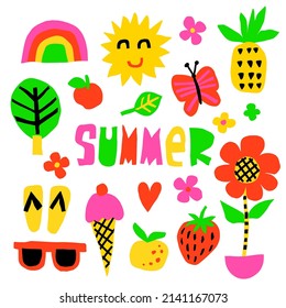 
Summer set. Abstract simple elements: flowers, rainbow, strawberry, sun, sunglasses, beach. Naive inscription SUMMER. Colorful fashion illustration. Vector print.