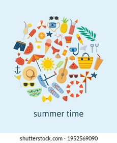 Summer set, accessories. Beach, sunglasses, umbrella, fruit, sunscreen, surfboard, ice cream, soft drinks, slippers. vector illustration