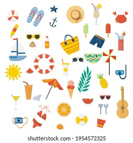 Summer set, accessories. Beach, sunglasses, umbrella, fruit, sunscreen, surfboard, ice cream, soft drinks, slippers. vector illustration