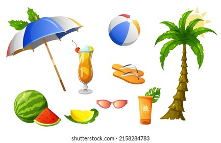 Summer set, accessories. Beach, sunglasses, umbrella, fruits, sunscreen, cold drinks, slippers. palm. Modern vector design isolated on white background.