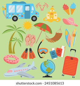 Summer set, accessories Beach, umbrella, surfboard, ice cream, slippers, tickets, plane, hammock, mask, snorkel, suitcase, globe, palm tree, sun, minibus