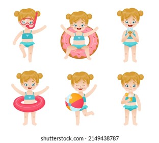 Summer set of adorable baby girl in swimsuit. Vacation activity collection of cartoon girl on the beach.