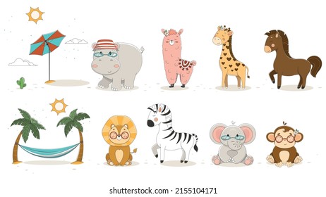 Summer set with animals, cute animals resting in summer, hammock on a palm tree, umbrella from the sun, summer set of cartoon animals	