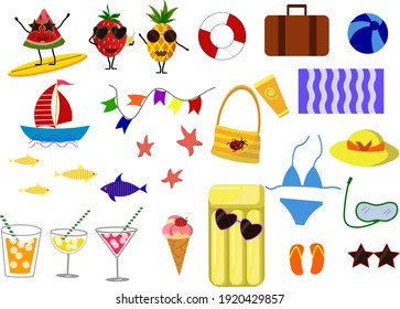 Verano con los atributos del descanso - playa, mar, barco, pescado, colchón. sandía, fresa y piña son personajes de dibujos animados de vacaciones. Ilustración vectorial. Para decoración, pegatinas, álbumes