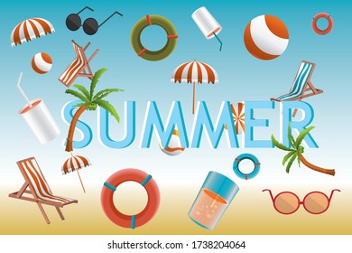 Vector de fondo de verano, paraguas, árbol de coco, bola, silla, iconos de vidrio con fondo de color azul, concepto de viaje caliente de primavera, arte vectorial e ilustración.