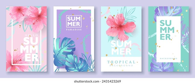 Summer set backgrounds decorated with hibiscus flowers and tropical leaves on pastel abstract backgrounds. Vector illustration for fashion ads, posters, banner, and social media contents