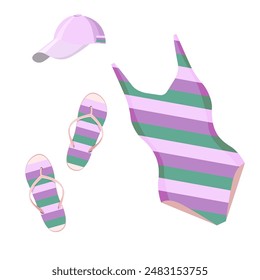 Conjunto de verano de gorra de béisbol, traje de baño de rayas, zapatos de playa aislados en fondo blanco. Conjunto de Vector para diseños de viajes de verano.