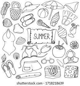 The summer set. Beach accessories on a white background. Vector isolated illustration with hat, umbrella, ball, swimsuit, cocktail, shorts, ice cream. Doodle style. Set with accessories for the resort