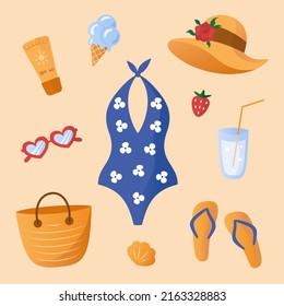 Summer set with beach accessories. Swimsuit, beach bag, flip flops, sun glasses, shell, sun screen cream, cold drink and ice cream, strawberry, hat. Vector holiday theme elements.  