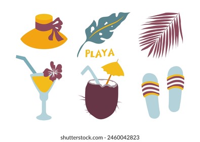 Summer set. Beach accessories. Tropical leaves, cocktails, hat and slippers.Vector flat illustration on a white background
