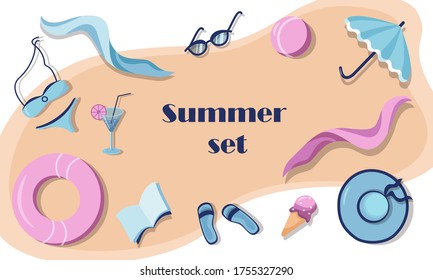Summer set with beach accessories. Vector illustration in flat style for icons, printable and postcards.