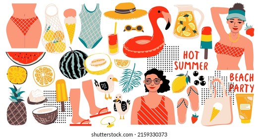 Summer set with beach bag, sun cream, popsicle, hat, flip flops. Womans, female hips.  Fresh tropical fruits, sliced pieces. Lettering. Vector elements. Perfect for summertime poster, card