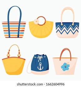 Summer set of beach bags and backpack with leather handles and rope in a flat style