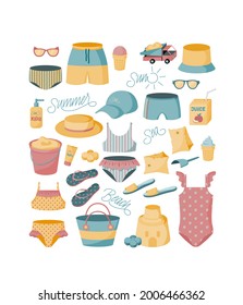 Summer set for beach for children, kids, boys and girls. Summer items. Panama, hat, cap, panties, swimming trunks, shorts, fused and separate swimsuits, juice, ice cream, sunscreen, flip floppy, slate