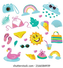 Summer set with beach elements. bikini, flip flops, sun, camera, pink flamingos, palm trees. Hand drawn, vector illustration.