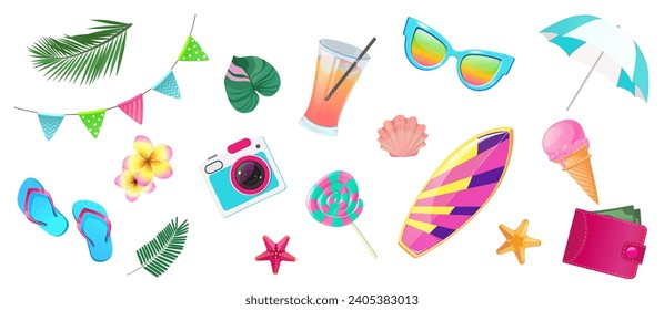 Summer set with beach elements. Isolated summer holiday and party.