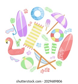 Summer set of beach elements in pastel colors on a white background.