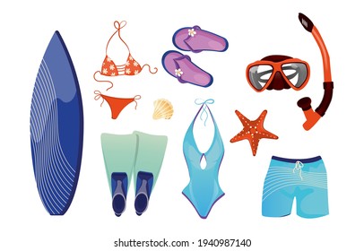 Summer set with beach items. Items of clothing for swimming and a surfboard and a mask with a diving tube. Isolated design elements, background, layout print.