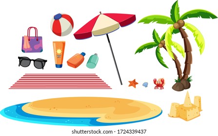 Sommerset mit Strandartikeln in weißer Hintergrunddarstellung