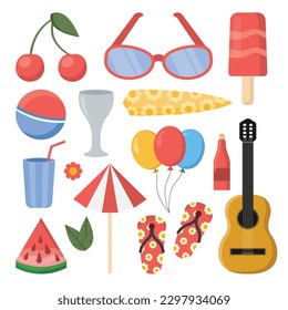 summer set. beach items, summer vacation. sunglasses, ball, surfboard, champagne, guitar, umbrella, watermelon, slates, ice cream, cherry, drink. vetor cartoon simple flat objects