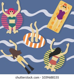 Summer set. Summer beach. Sea or Ocean. Sea waves. Girls swim and rest. A colorful illustration of summer. Vector illustration.
