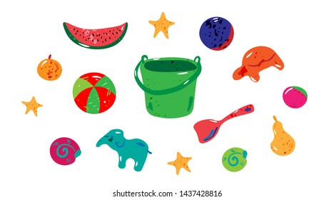 Summer set. Beach symbols. Bucket, toys,fruits. Cartoon style with texture. Vector illustration. Colorful elements isolated on white. Template for banner, poster, flyer, greeting card and etc.