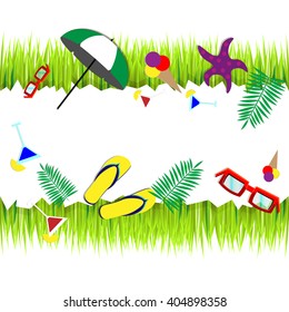 Summer set of beach vacation objects with green grass
