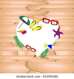 Summer set of beach vacation objects in frame on wooden background with white heart, copy space