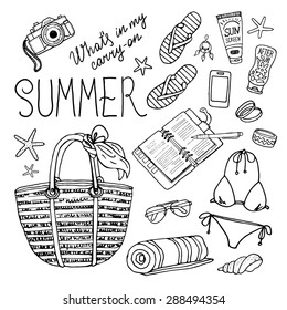 Summer Set For Beach. Vector Illustration Of Holiday Vacation Woman Luggage. Vector Hand-drown Objects For Summer. Black And White.